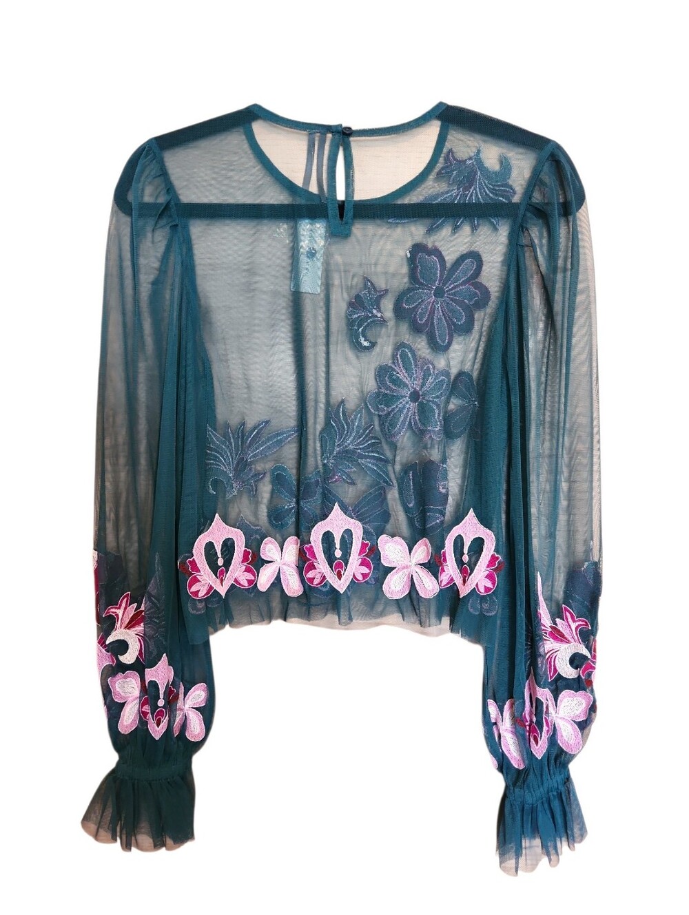 BY ANTHROPOLOGIE LONG-SLEEVE EMBROIDERED SHEER MESH GREEN PINK TOP SMALL NWT - Picture 5 of 14